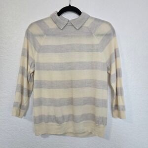 J Crew Striped Merino Wool Collared Sweater 3/4 Sleeve Womens Size M